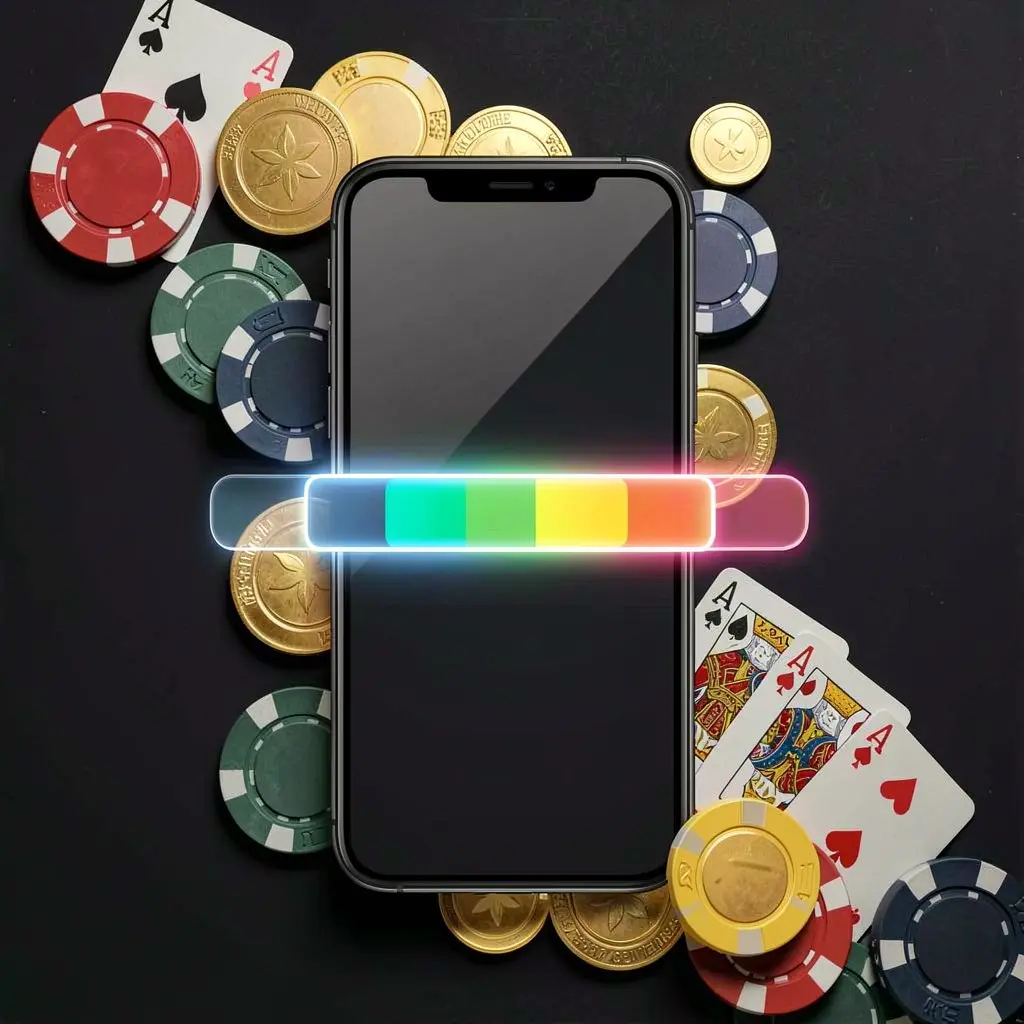 Smartphone displaying 777 RUN casino app installation with glowing progress bar, surrounded by coins, chips, and playing cards on a dark background