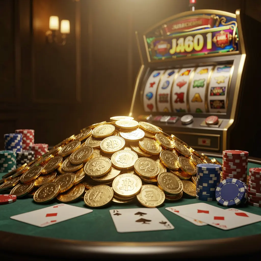 777 RUN online casino jackpot bonus scene with a massive pile of golden coins, slot machine in the background, glowing jackpot lights, poker chips and playing cards on a luxury table under dramatic cinematic lighting