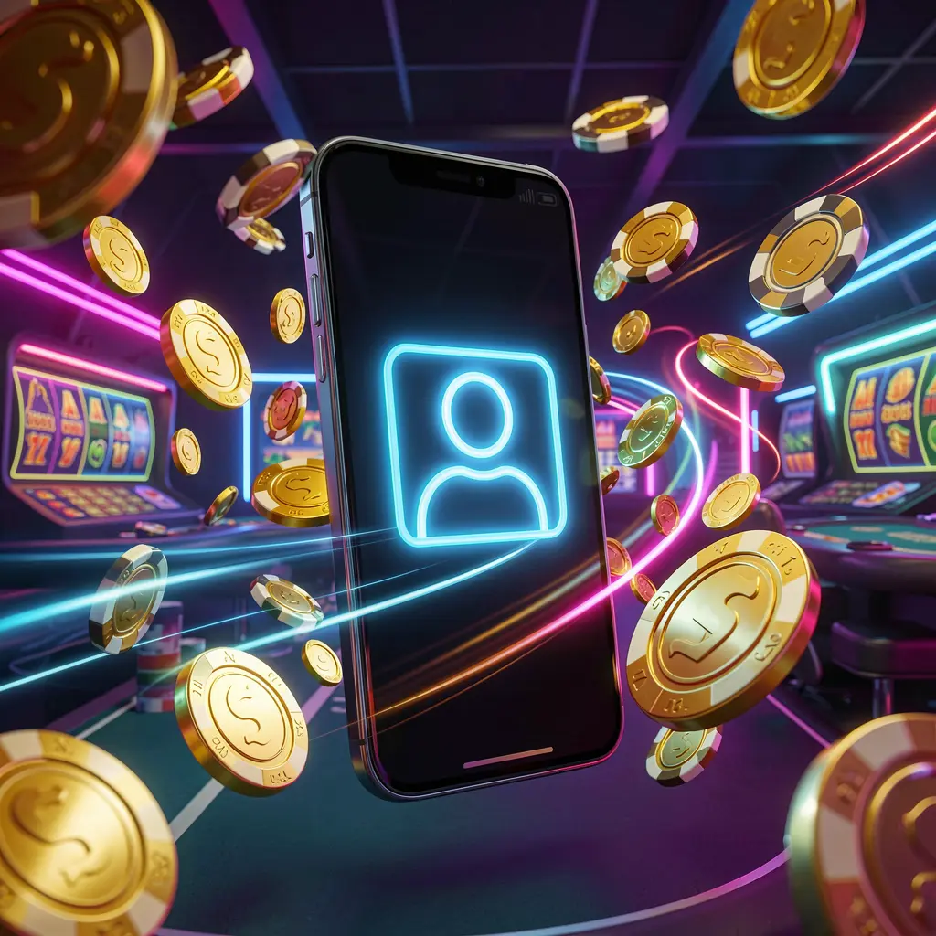 777 RUN fast casino login banner featuring a smartphone with a bright user icon, speed light trails, and golden coins and chips flying around in a modern neon casino style