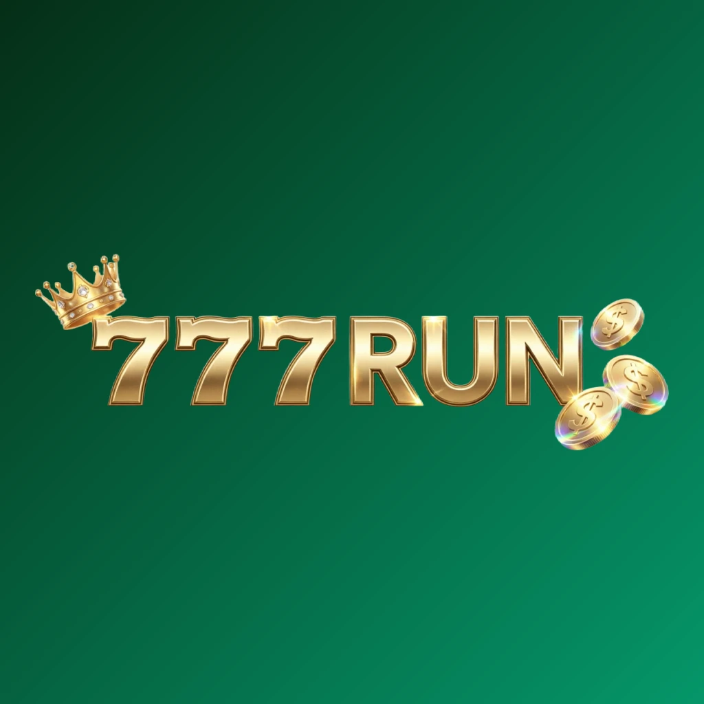 Casino-style logo for 777 RUN featuring golden letters with a crown element and sparkling coins, creating a luxury gaming atmosphere on a transparent background in a wide horizontal rectangular wordmark suitable for a website header