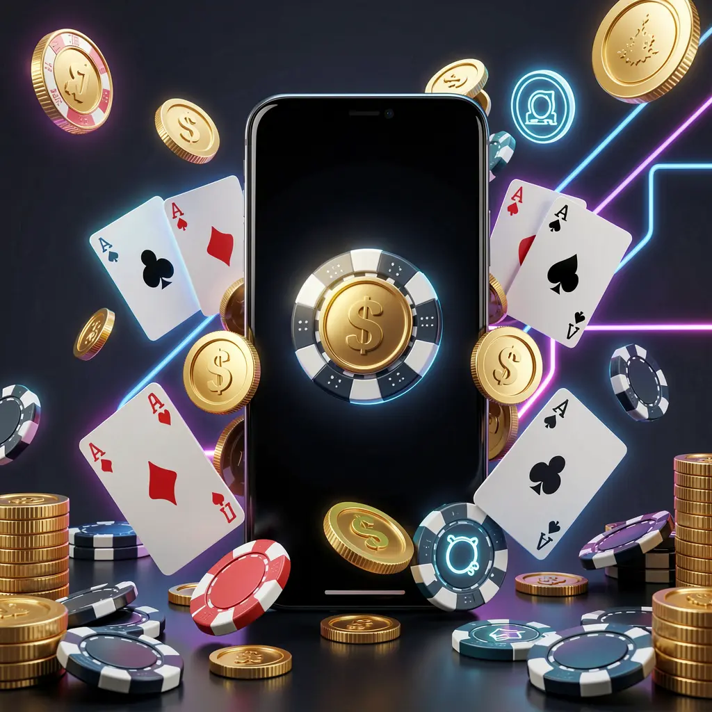 Mobile casino homepage concept featuring a smartphone surrounded by golden coins, chips, cards, and glowing icons on a modern dark background with neon accents, showcasing 777 RUN's premium 3D responsible gaming experience